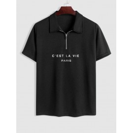 C'EST LA VIE PARIS Print Polo Collared Half Zip T Shirt