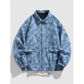 Men's Colorblock Checked Drawstring Pocket Turn Down Collar Streetwear Denim Jacket