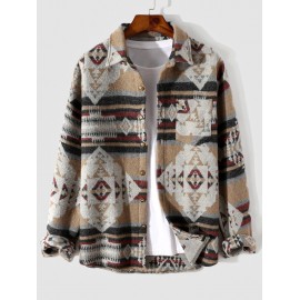 Men's Vintage Ethnic Aztec Geometric Print Pocket Design Woolen Shacket Jacket