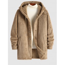 Men's Casual Warmth Thermal Solid Color Button Front Fluffy Teddy Fleece Hooded Long Coat