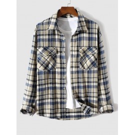 Men's Daily Casual Plaid Flap Cargo Pockets Button Up Long Sleeve Flannel Shirt Jacket Shacket