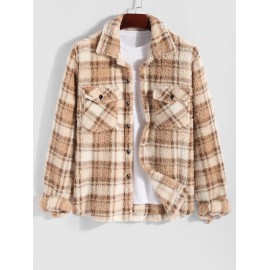 Men's Colorblock Plaid Pattern Front Pocket Fluffy Teddy Fleece Turn-down Collar Jacket