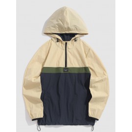 Men's Daily Hooded Half Zip Colorblock Patched Design Toggle Drawstring Pullover Windbreaker Jacket