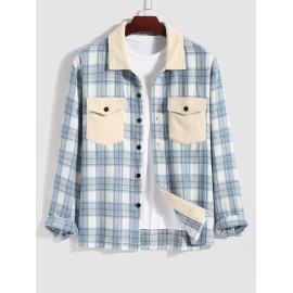 Men's Casual Plaid Pattern Flap Pocket Button Front Contract Color Collar Woolen Shacket