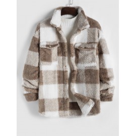 Plaid Pattern Flap Pocket Design Fluffy Jacket