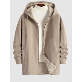 Men's Casual Minimalist Solid Color Zip Fly Hooded Fleece-lined Woolen Long Coat