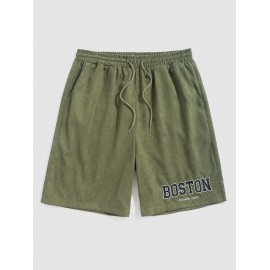 BOSTON Letter Embroidered Drawstring Corduroy Shorts