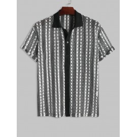 Knitted Openwork Design Striped Short Sleeves Shirt