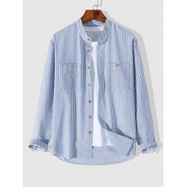 Men's Casual Vertical Striped Cotton and Linen Textured Stand Collar Pocket Patch Design Button Front Long Sleeves Shirt