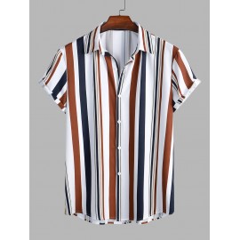 Men's Mixed Vertical Striped Button Up Short Sleeves Summer Beach Shirt